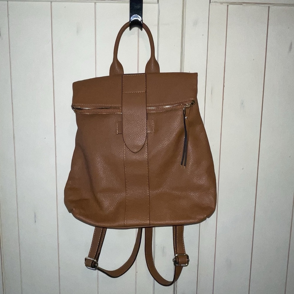 Vera Pelle Genuine Italian Pebbled Leather Backpack In Cognac Travel Tote Bag